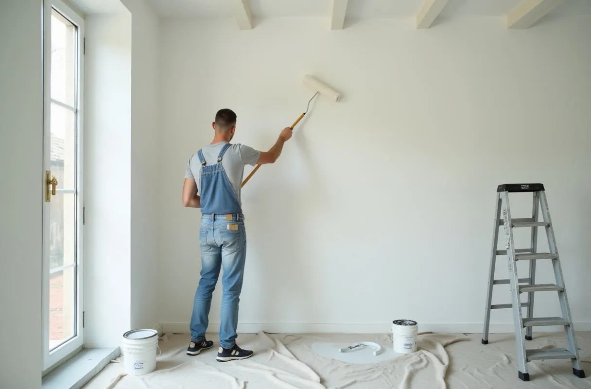 Peintre appliquant une peinture claire au rouleau sur un mur intérieur